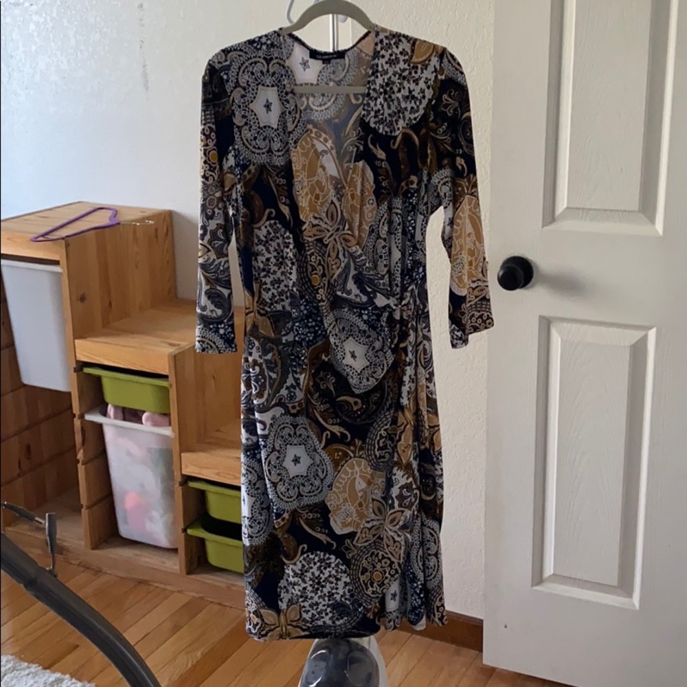 Midi faux wrap dress, navy/gold/white pattern